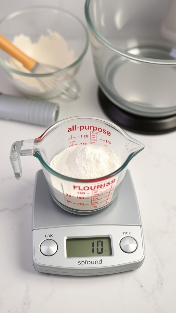 A measuring cup of flour next to a scale showing one pound, on a kitchen counter.